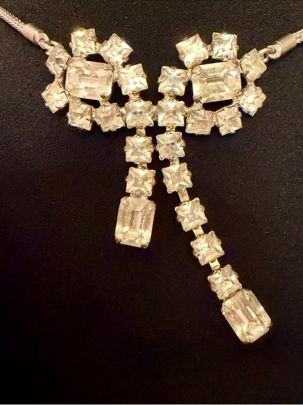 Vintage Aurora Borealis Crystal Drop Bow on Chocker Statement Necklace